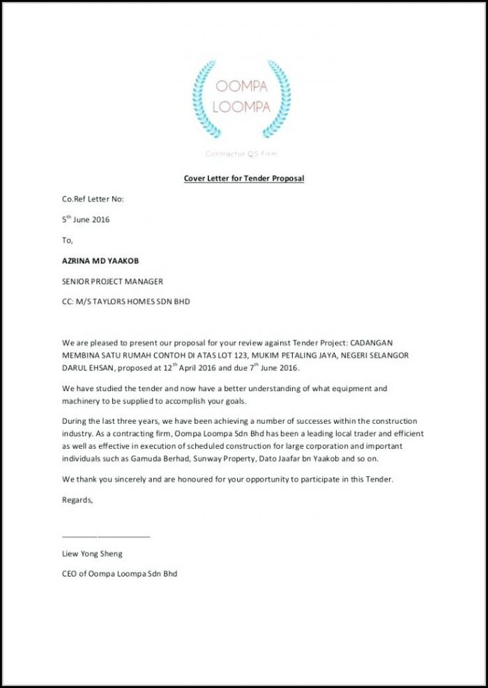 Covering Letter For Tender Proposal Covering Letter For Tender Proposal