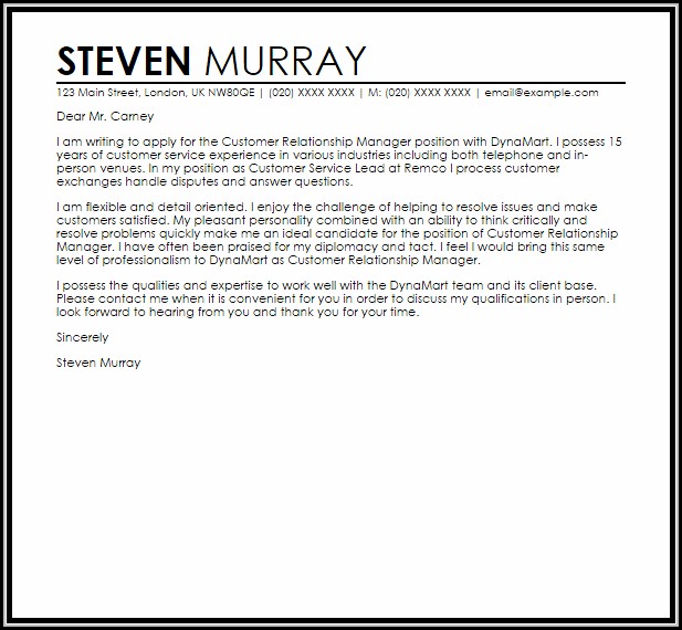 Customer Relationship Manager Cover Letter Customer Relationship Manager Cover Letter