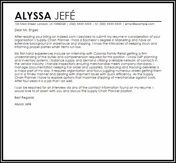 Supply Chain Planner Cover Letter Supply Chain Planner Cover Letter