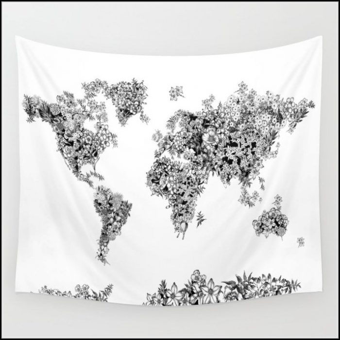 Black And White World Map Tapestry Black And White World Map Tapestry