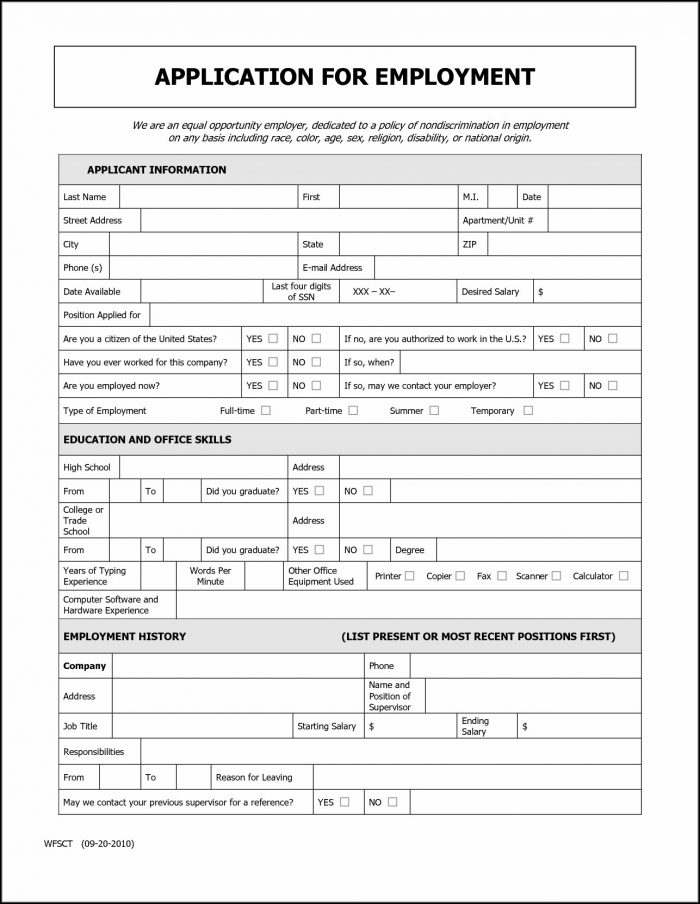 Blank Generic Employment Application Form Blank Generic Employment Application Form