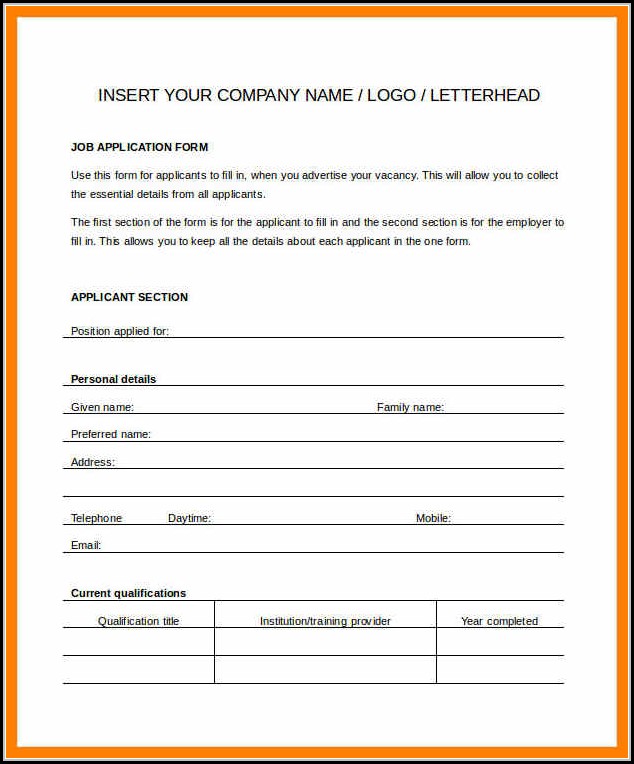 Blank Generic Job Application Form Blank Generic Job Application Form