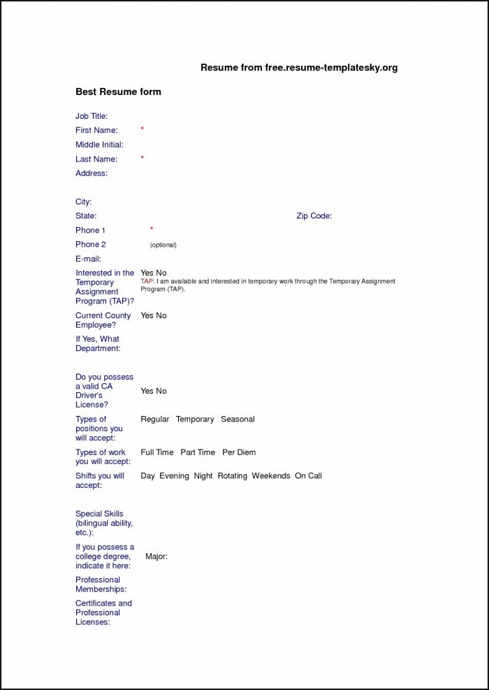 Blank Resume Form Download Blank Resume Form Download