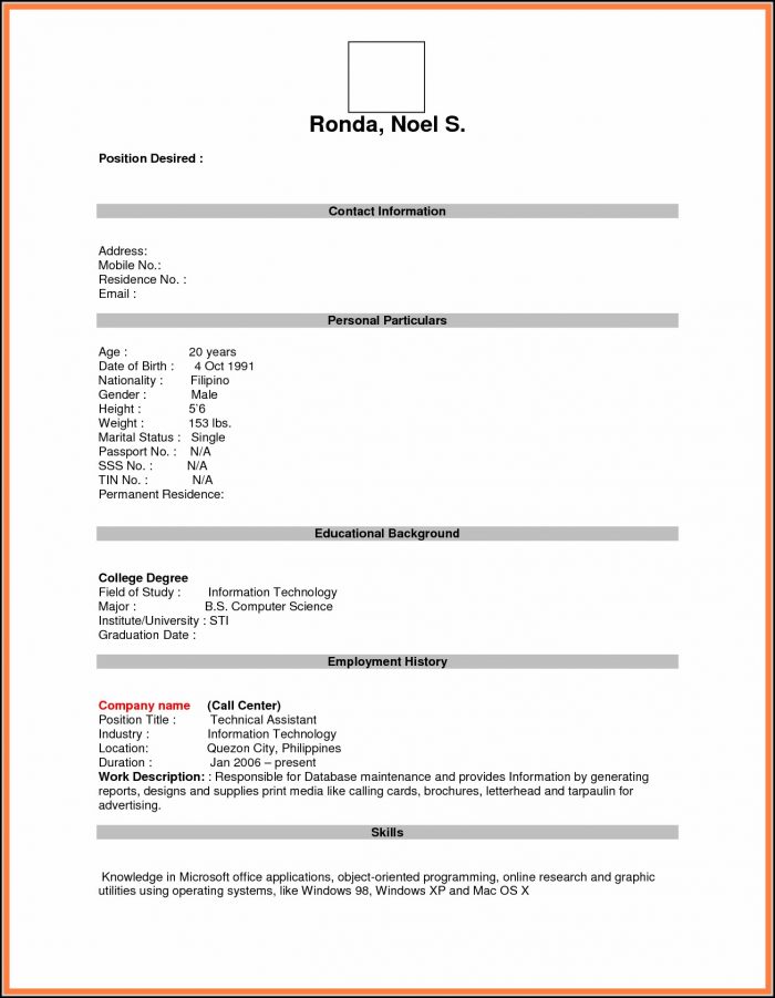 Blank Resume Form For Job Application Download Resume Resume