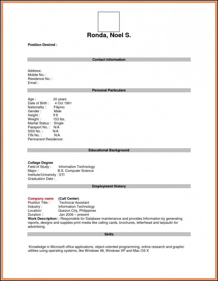 Blank Resume Form For Job Application Download Blank Resume Form For Job Application Download