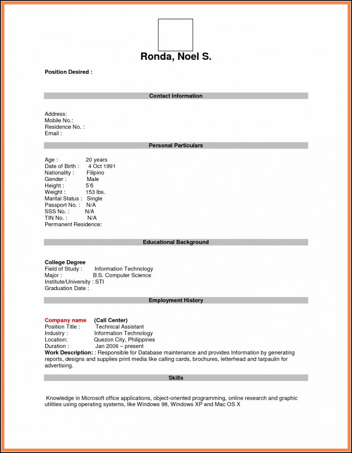 Blank Resume Format For Job Application Blank Resume Format For Job Application