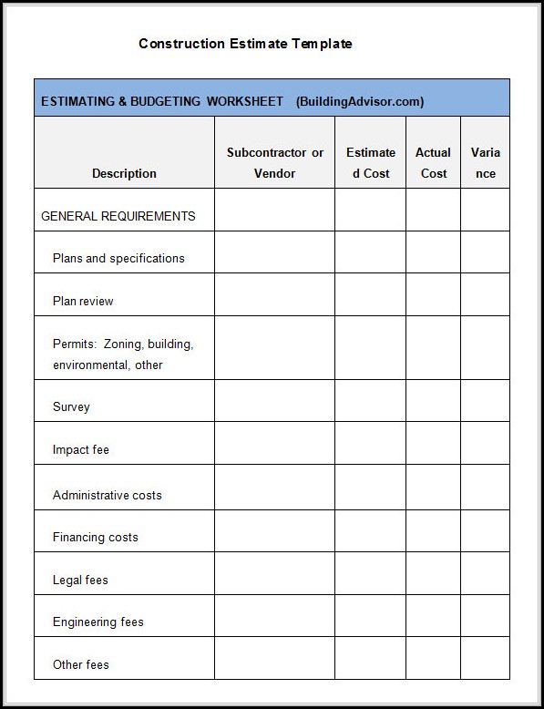 Construction Estimate Templates Construction Estimate Templates