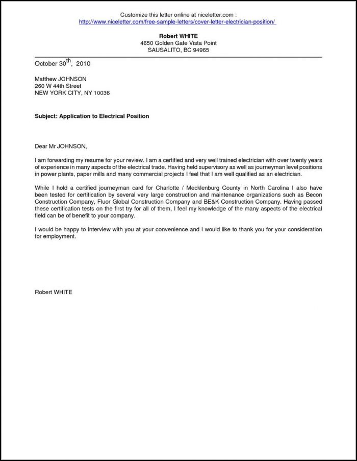 Electrician Job Application Cover Letter Electrician Job Application Cover Letter