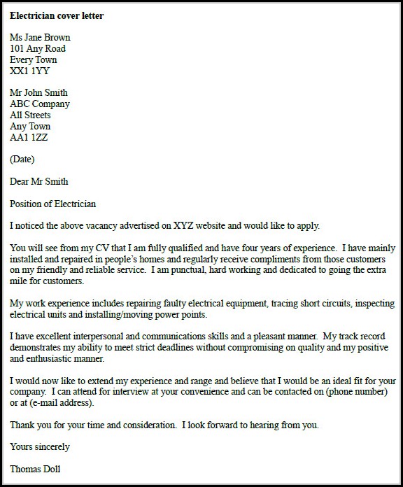 Electrician Job Application Letter Electrician Job Application Letter