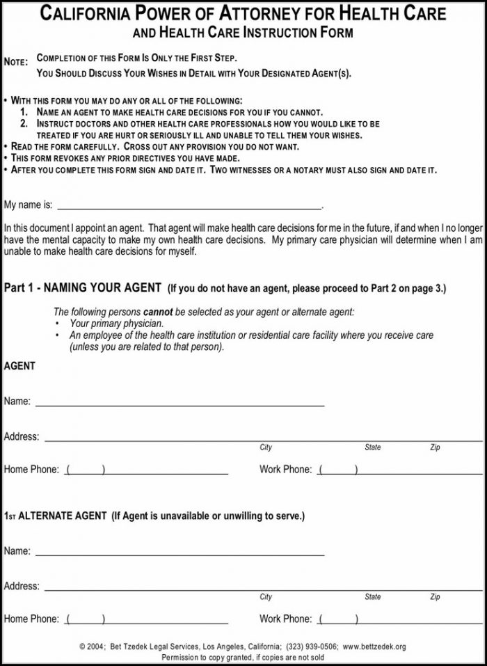 Health Care Power Of Attorney Form California Health Care Power Of Attorney Form California