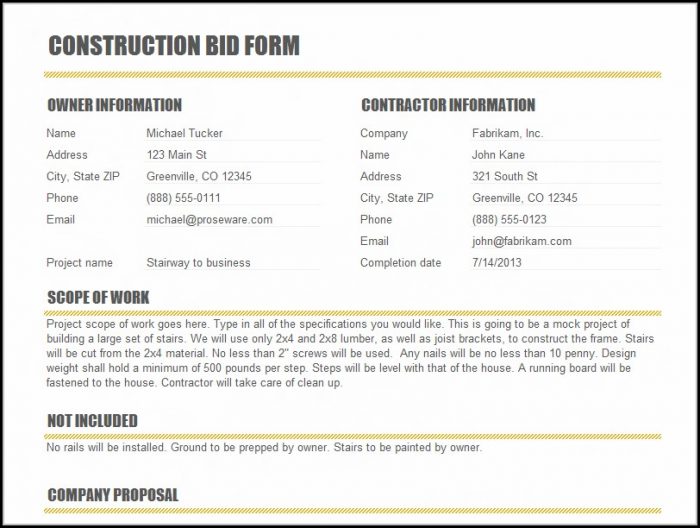 Construction Bid Template Free Excel Construction Bid Template Free Excel