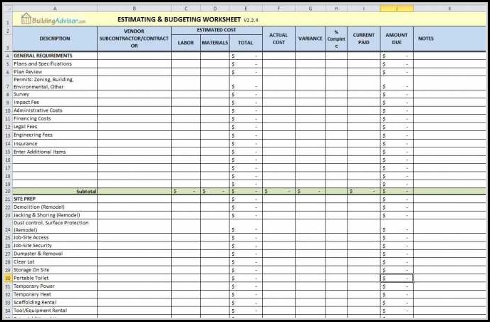 Construction Estimating Spreadsheet Template Construction Estimating Spreadsheet Template