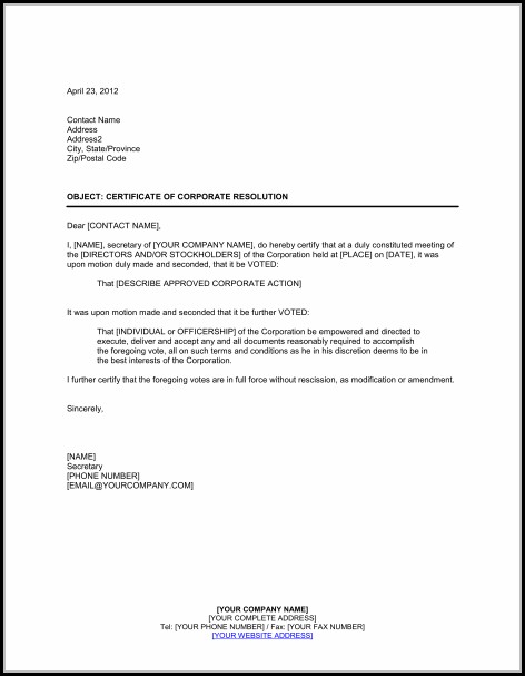 Corporate Resolution Template Signing Authority Template 1 : Resume Corporate Resolution Template Signing Authority Template 1 : Resume