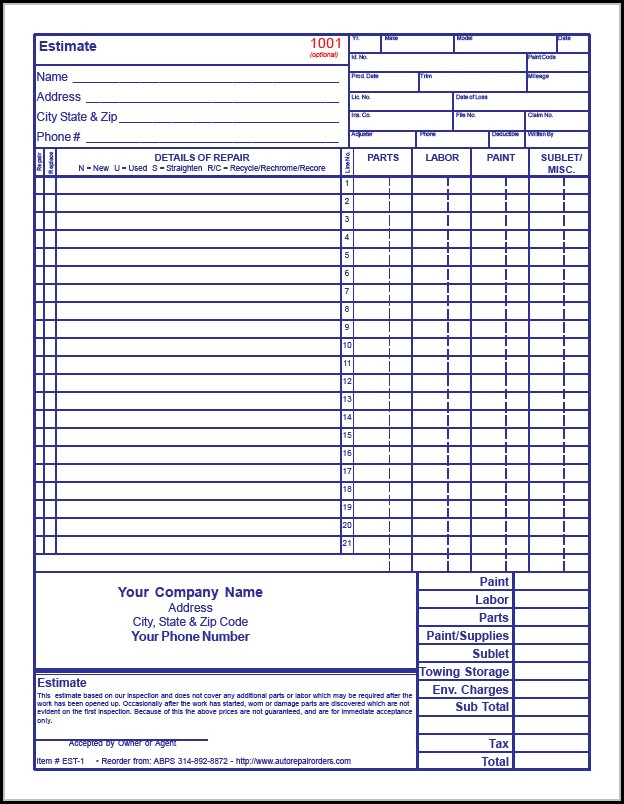 Free Auto Body Estimate Forms Free Auto Body Estimate Forms