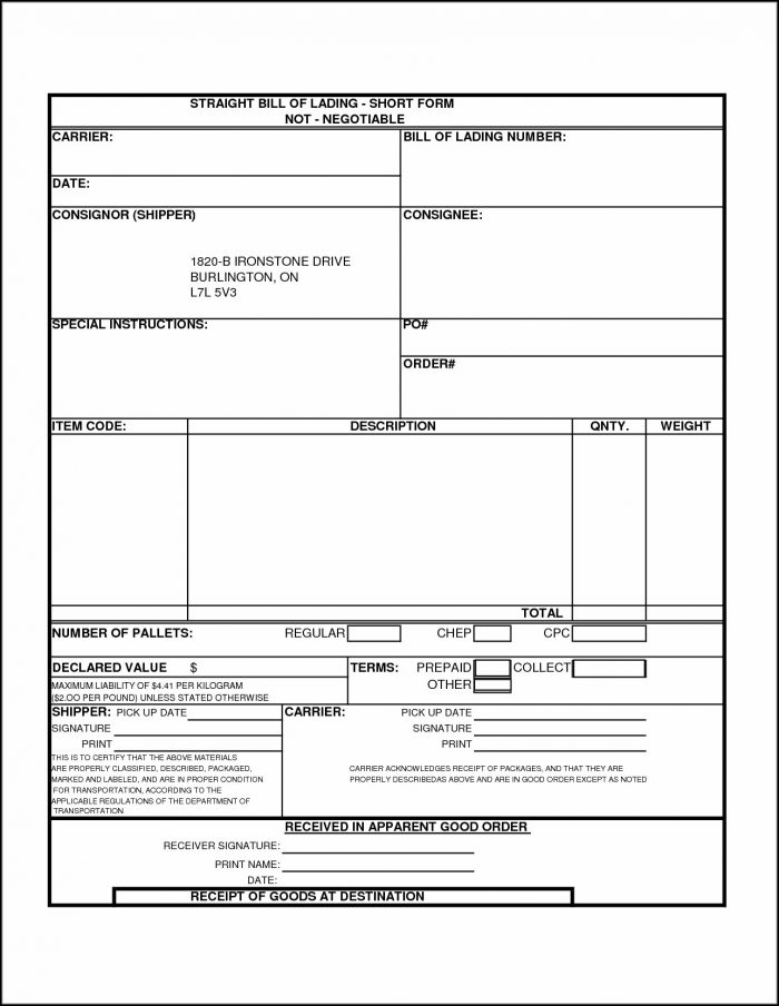 Free Printable Straight Bill Of Lading Short Form Free Printable Straight Bill Of Lading Short Form