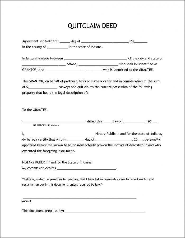 Indiana Quit Claim Deed Form Indiana Quit Claim Deed Form