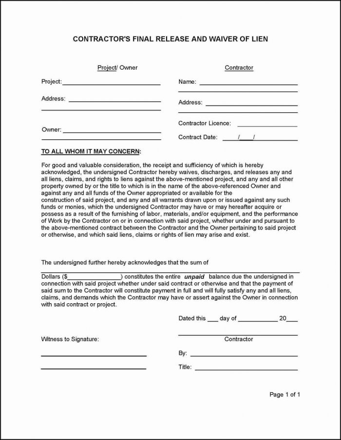 Lien Waiver Form Template Lien Waiver Form Template