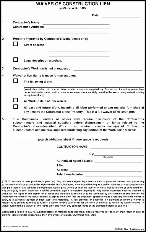 Lien Waiver Form Wisconsin Lien Waiver Form Wisconsin