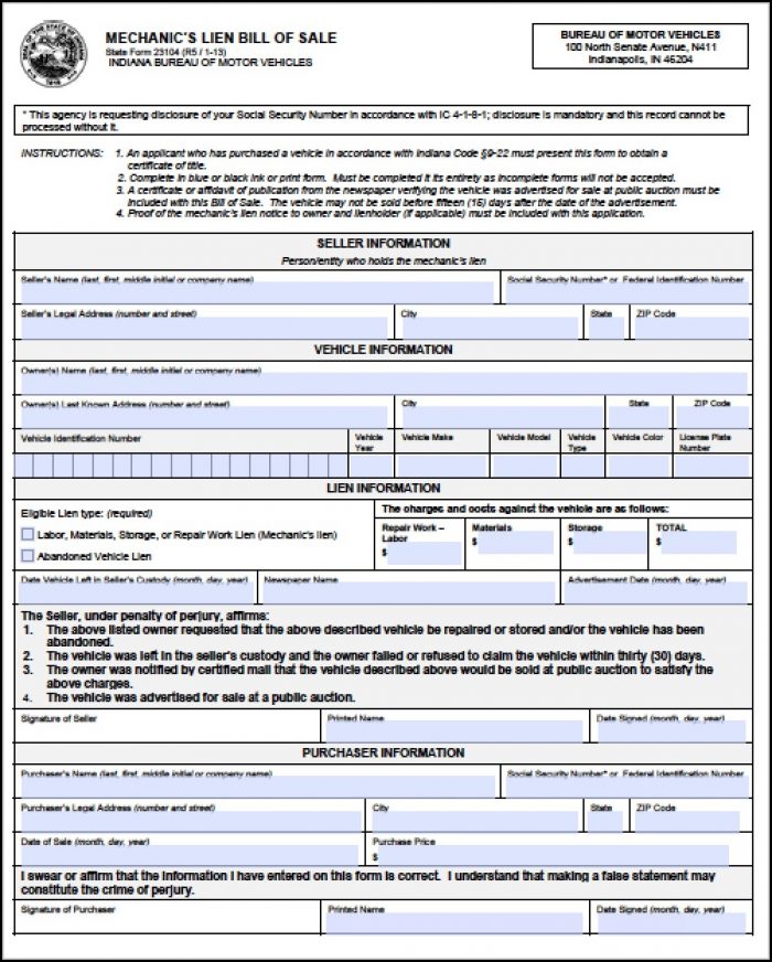 Mechanic Lien Form Indiana Mechanic Lien Form Indiana