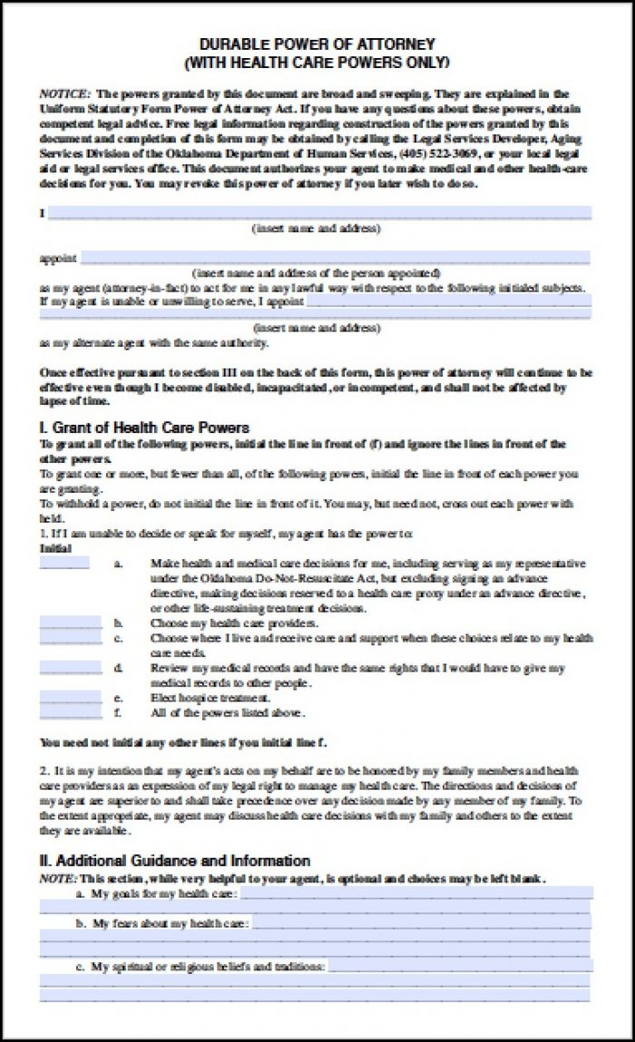 Power Of Attorney Form Oklahoma Power Of Attorney Form Oklahoma