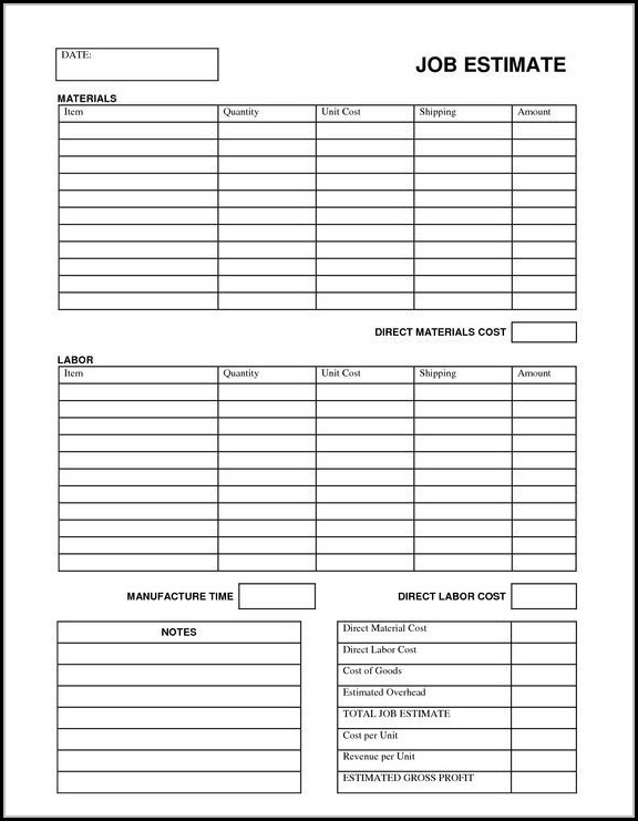 Printable Job Estimate Forms Printable Job Estimate Forms