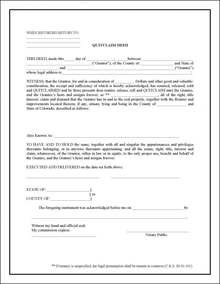 Quit Claim Deed Form Colorado Quit Claim Deed Form Colorado