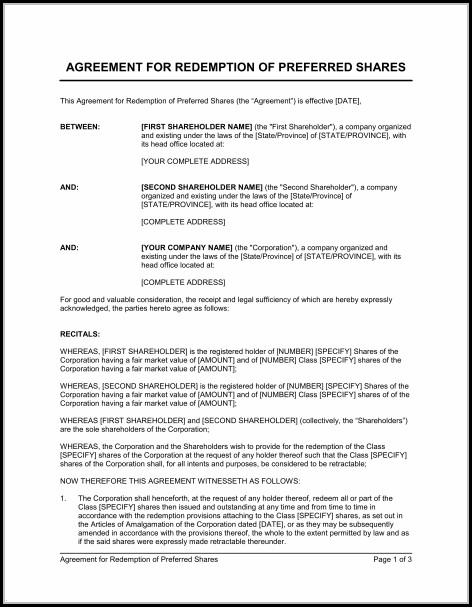 Redemption Agreement Template Redemption Agreement Template