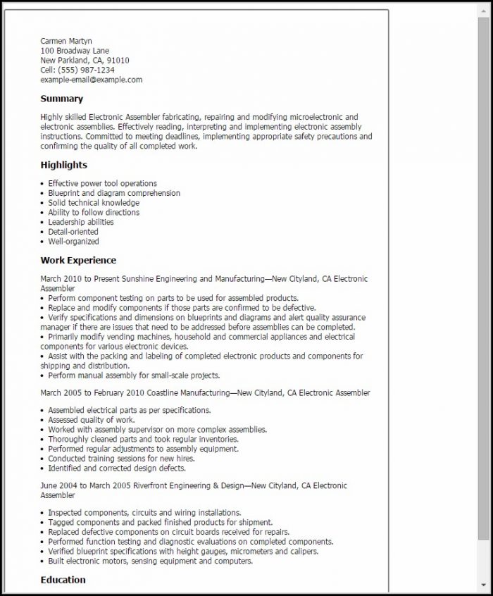 Resume For Electronic Assembler Resume For Electronic Assembler