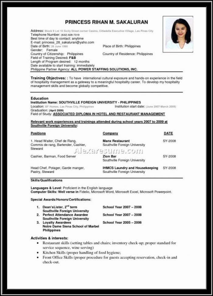 Resume Format For Hoteliers Resume Format For Hoteliers