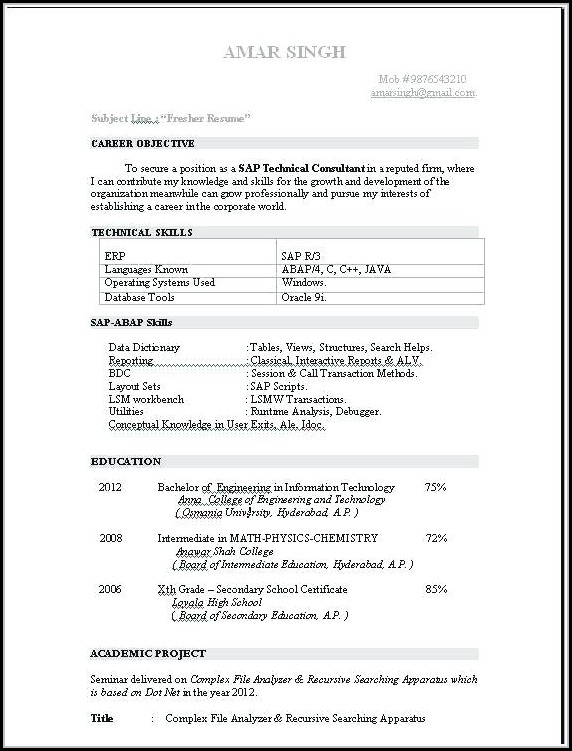 Resume Format For Sap Fico Freshers Resume Format For Sap Fico Freshers