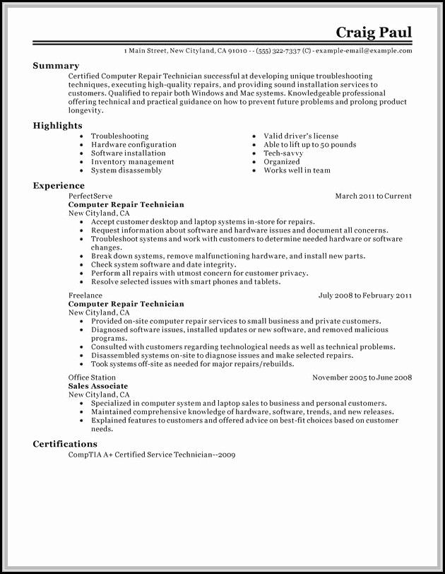 Resume Of Computer Technician Resume Of Computer Technician