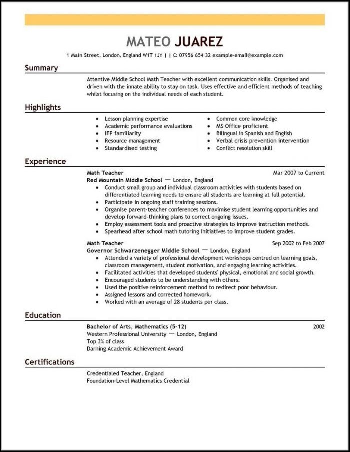 Resume Template For Teachers Resume Template For Teachers