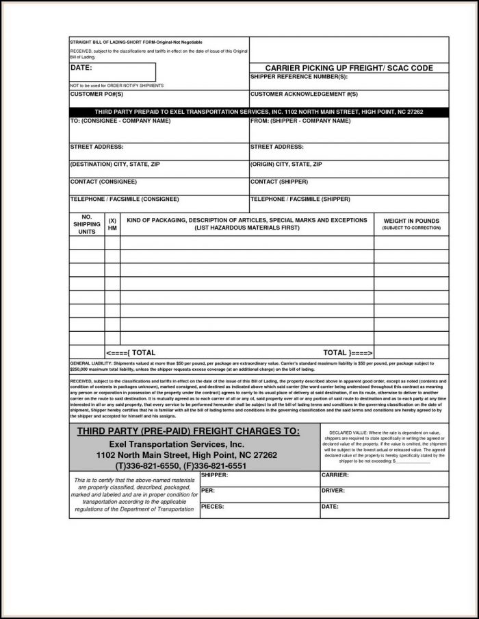 Straight Bill Of Lading Short Form Original Not Negotiable Template Straight Bill Of Lading Short Form Original Not Negotiable Template