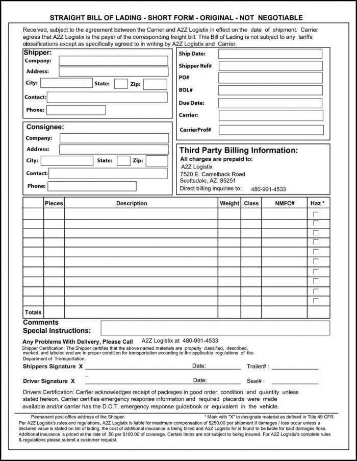Straight Bill Of Lading Short Form Sample Straight Bill Of Lading Short Form Sample