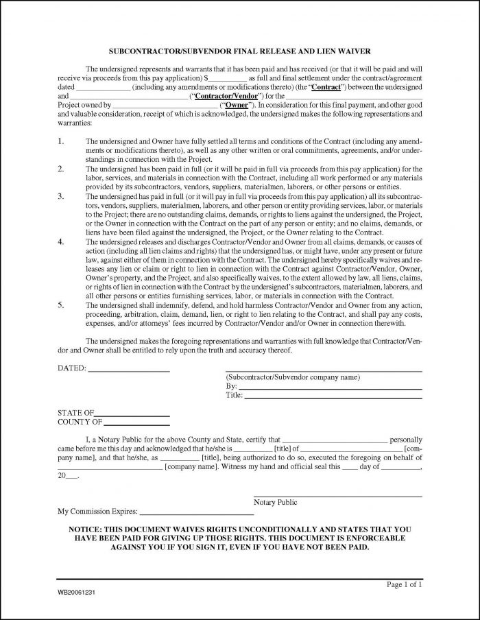 Subcontractor Lien Waiver Form Subcontractor Lien Waiver Form