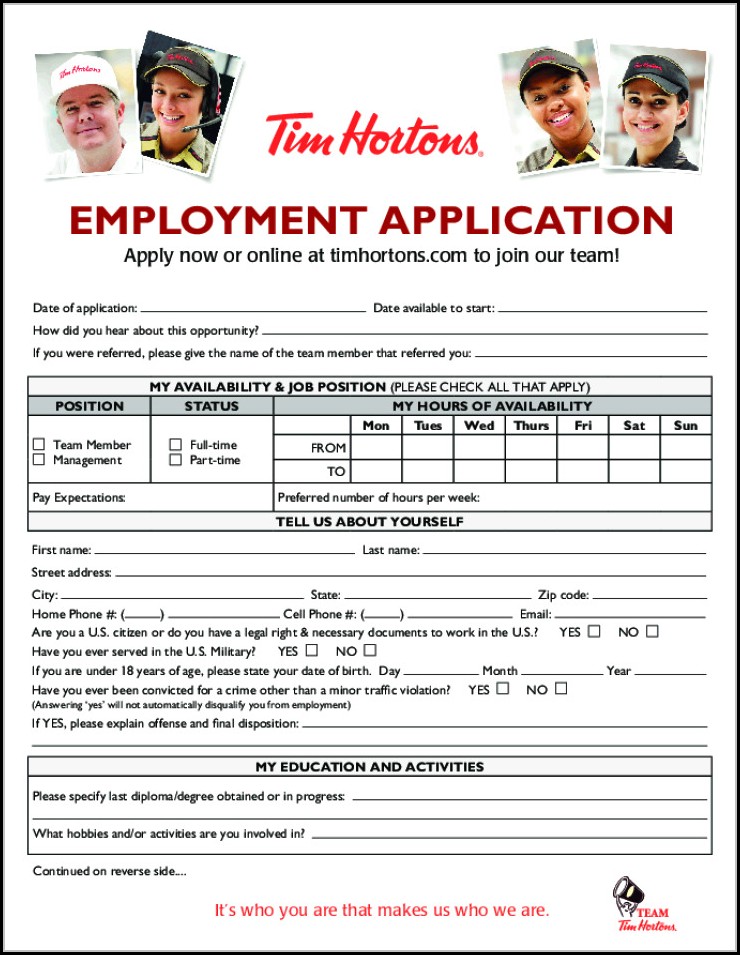 Tim Horton Application Form Canada Job Applications Resume