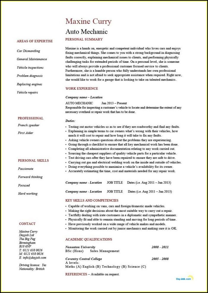 Auto Mechanic Resume Template Auto Mechanic Resume Template