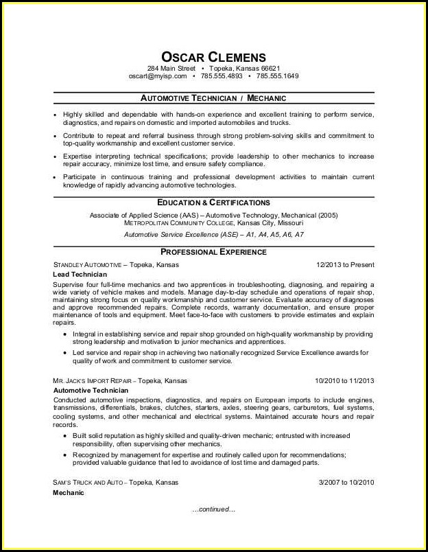 Auto Technician Resume Templates Auto Technician Resume Templates