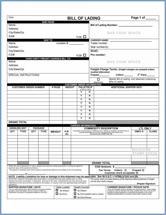 Bill Of Lading Forms Printable Bill Of Lading Forms Printable