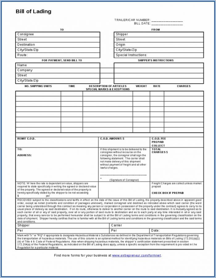 Blank Bill Of Lading Form Blank Bill Of Lading Form