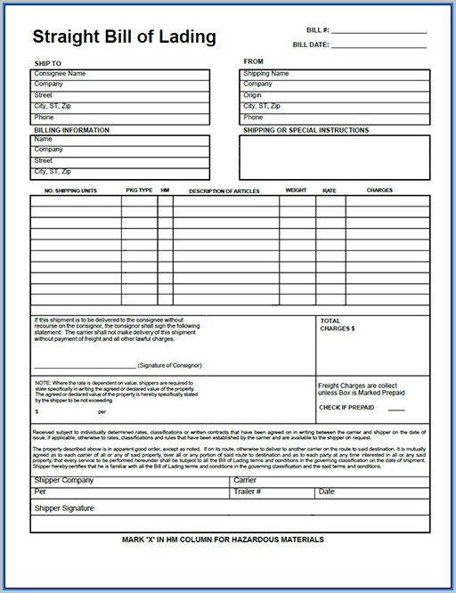 Blank Bill Of Lading Forms Blank Bill Of Lading Forms