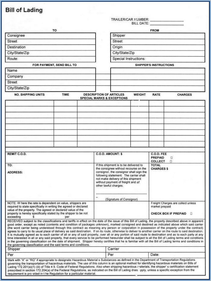 Blank Bill Of Lading In Excel Format Blank Bill Of Lading In Excel Format