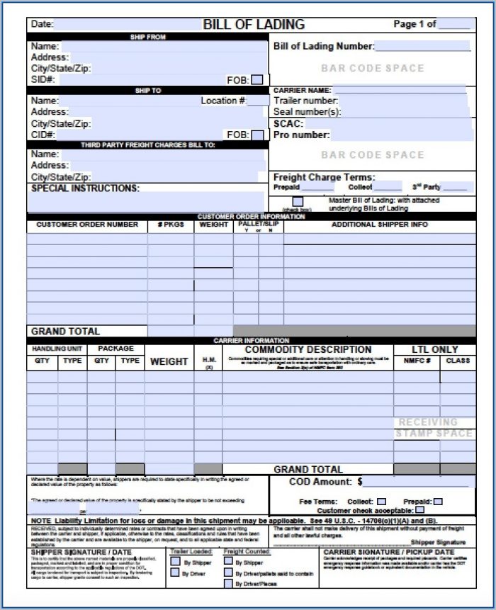 Blank Bill Of Lading Template Free Blank Bill Of Lading Template Free