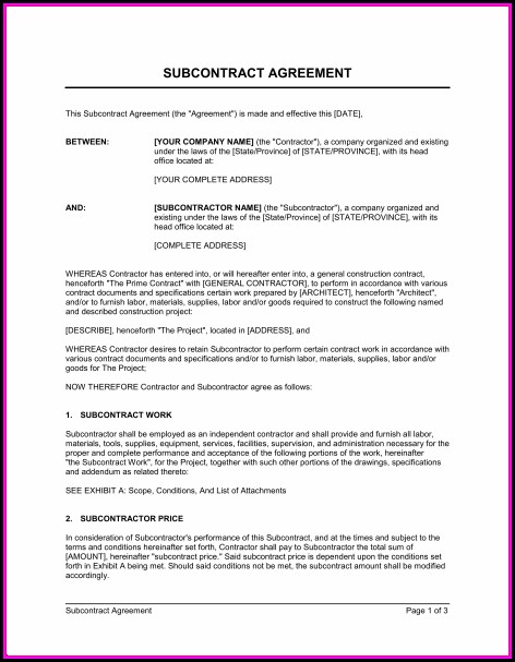 Construction Subcontractor Agreement Sample Construction Subcontractor Agreement Sample