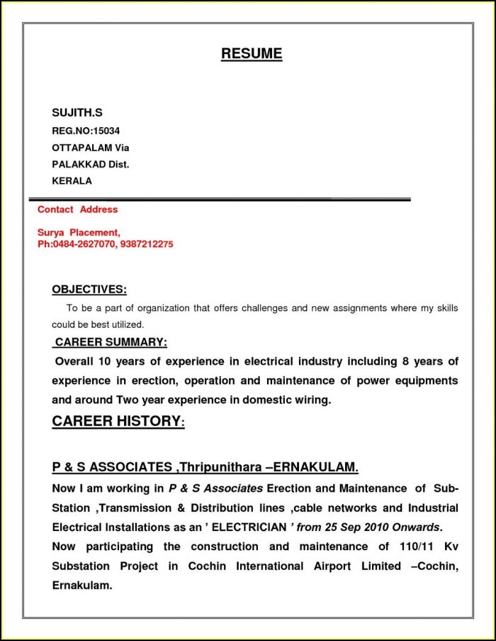 Electrician Resume Format Free Download Electrician Resume Format Free Download
