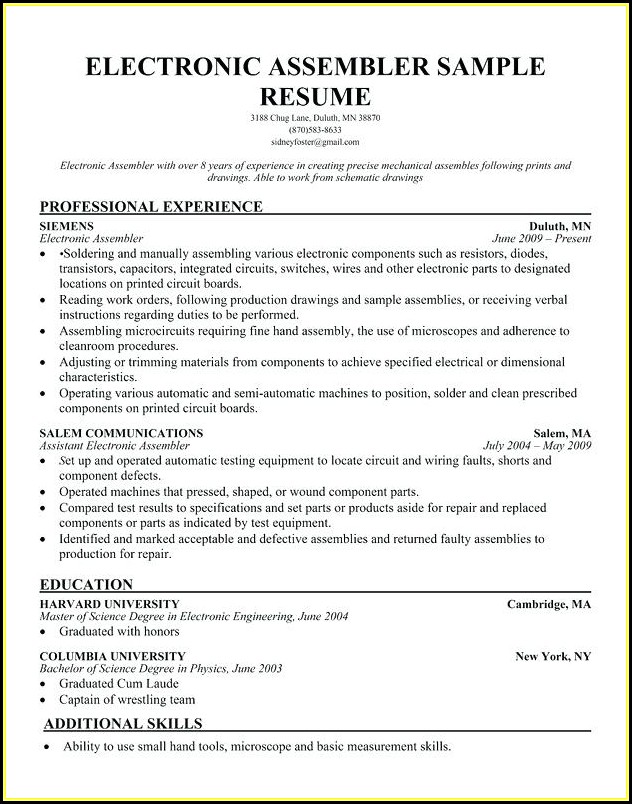 Electronic Assembler Resume Sample Electronic Assembler Resume Sample