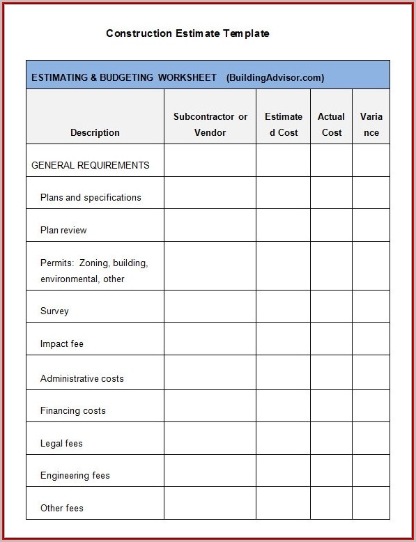 Free Construction Estimate Template Excel Free Construction Estimate Template Excel