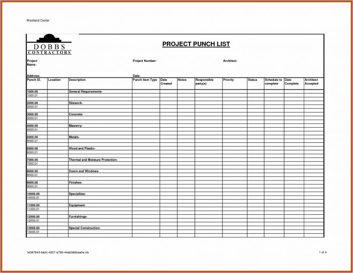 Free Construction Punch List Template Free Construction Punch List Template