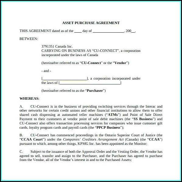 Asset Purchase Agreement Template Ontario Asset Purchase Agreement Template Ontario