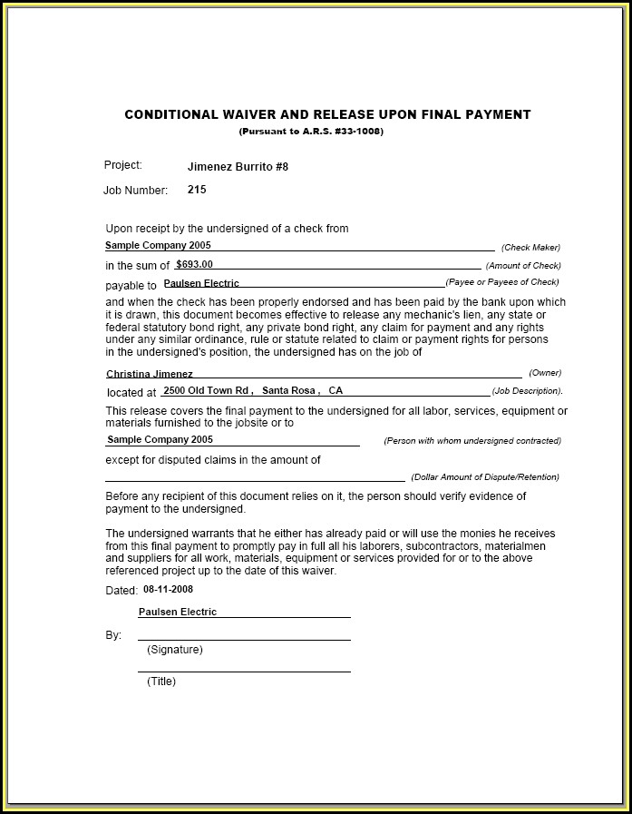 Conditional Lien Waiver Form Conditional Lien Waiver Form